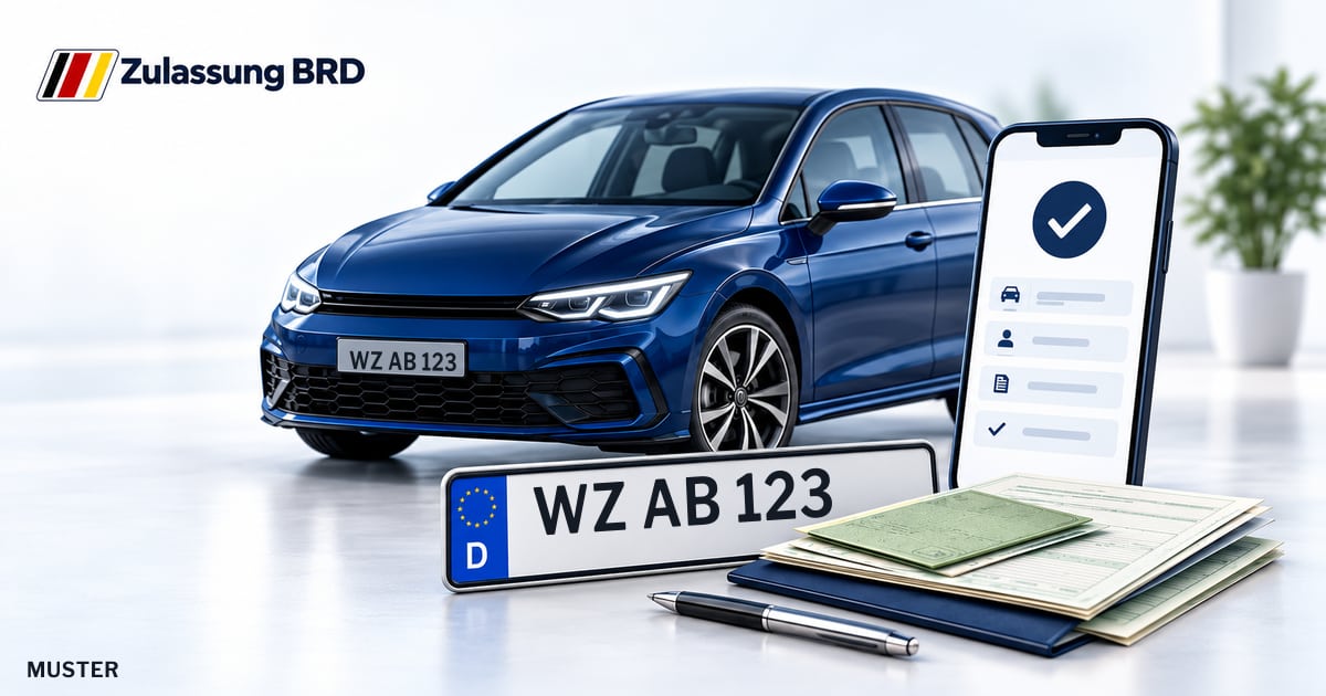 Online Fahrzeugzulassung in Haiger: Musterkennzeichen WZ AB 123, Auto und Fahrzeugpapiere und Smartphone. Illustration mit Logo von Zulassung BRD.